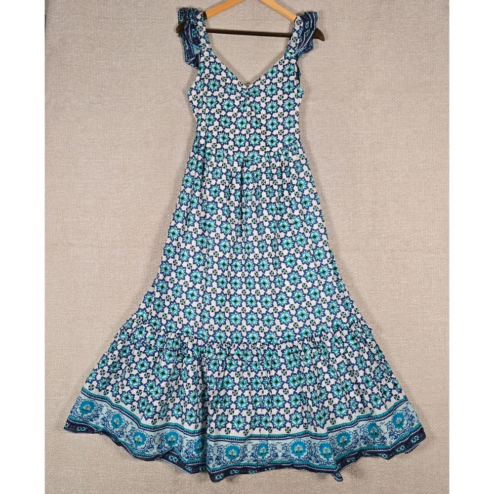 Lucky Brand Blue Teal Geometric Mosaic Ruffle Maxi Dress Womens XS Cotton Boho‎